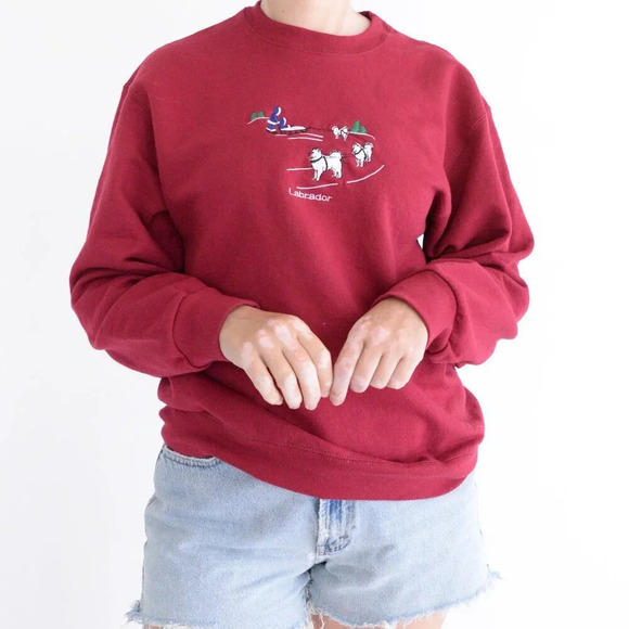 Vintage Fruit Of The Loom Embroidered  Labrador Sledding Crewneck Sweater M - Picture 2 of 11